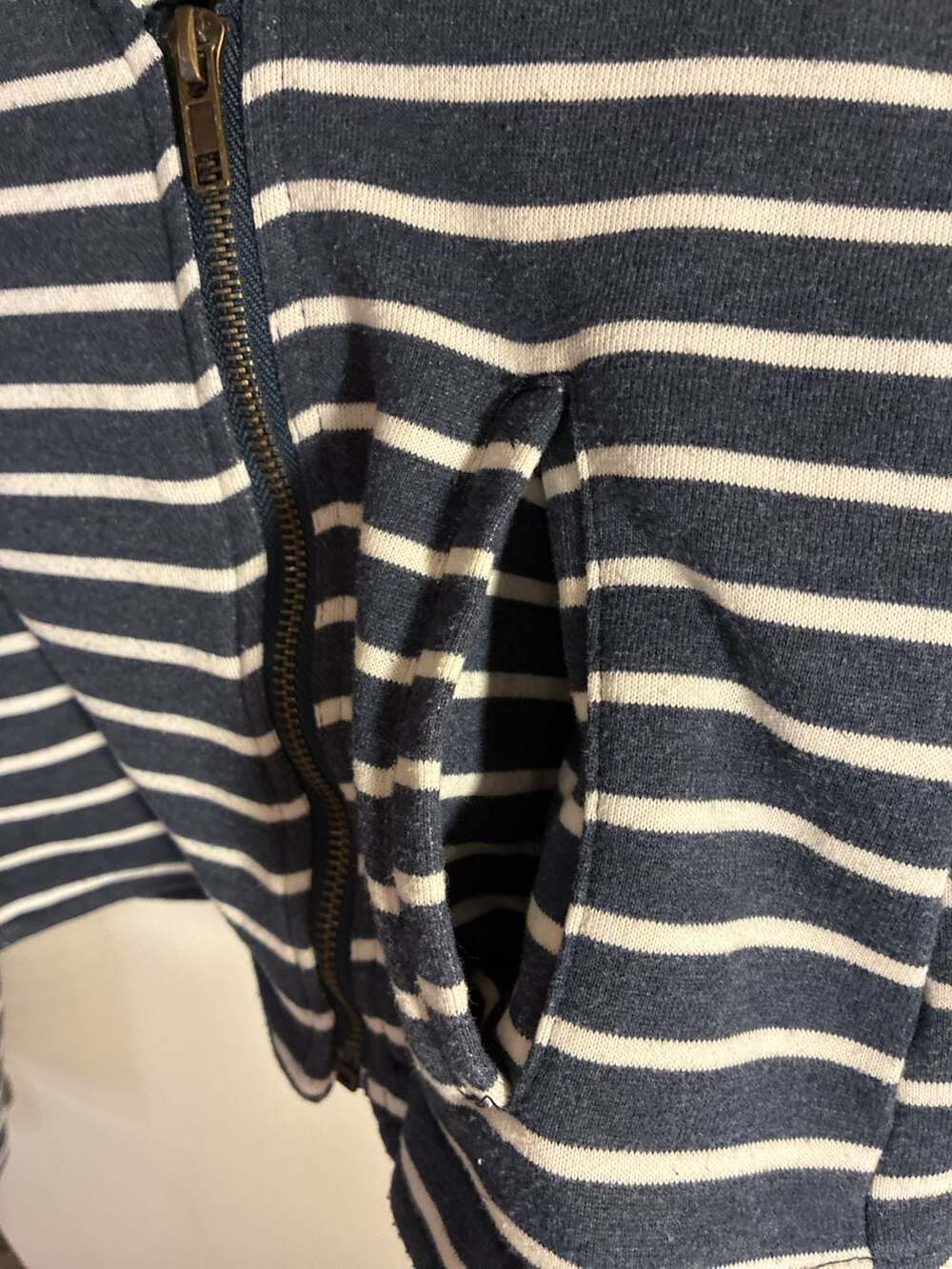 Mystree Striped French Terry Jacket Size M Blue White Asymmetrical Zip - Picture 2 of 6